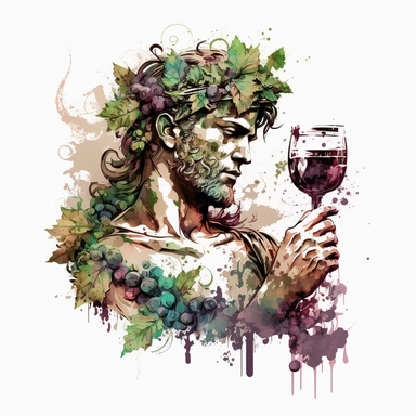 a Dionysus drinking wine god with watercolor effect, grapes and vine leaf,dark colors,unrealistic,fantastic scene,suitable for digital cliparts,white background