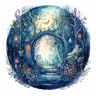 watercolor, hyper realistic, white background, white margins, 16k, ultra detailed clipart, cut out image, hand-drawn, whimsical a magical portal hidden deep in the heart of a dark forest with swirling colors and glowing runes. The color scheme should be a blend of deep blues, purples, and greens with hints of silver and gold.