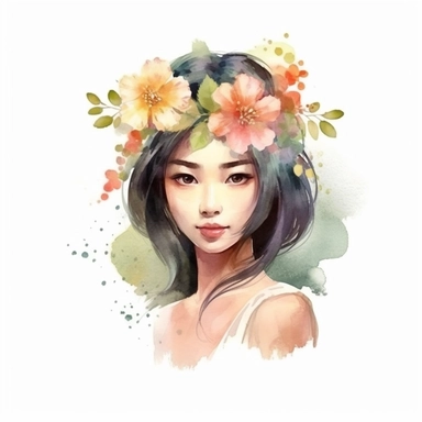 watercolor style, asian-origin girl with flowers on her head clipart, isolated on white background, hd