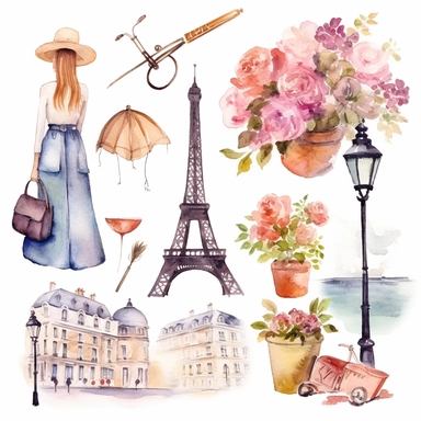 1 detailed travel clipart Paris in the style of Watercolor clip art, clipart, on a white background