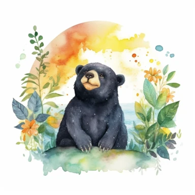 Watercolor Sun bear in rainforest clipart, for childish cards, illustration style, on white background, detailed, hd