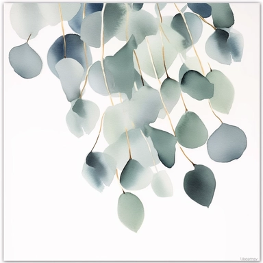 eucalyptus leaves in watercolor on the background, clipart, fall, flat lay, single twig, in the style of light green and silver, suspended/hanging, glossy finish, subtle surface decoration, comfycore, floral accents, danish design, watercolor illustration, aquarrellist, white background