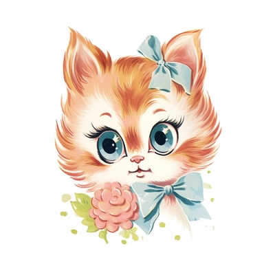 vintage Hand painted clipart of a pastel kitten with long eyelashes and rosy cheeks, playful and animated, in the style of vintage nursery kitsch Lefton, retro midcentury 1950’s, white background, contour