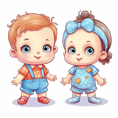 cute baby girl and baby boy clipart, cartoon style, solid edges, high resolution