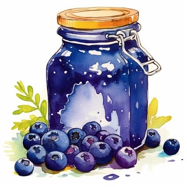 Create an image of glass jar with blueberry preserves, dripping . The style should be cute and playful, reminiscent of a clipart or sticker design. Use watercolors and ink to emulate the style of Thomas Girtin, but with a touch of Thomas W Schaller's influence. The background should be a clean, crisp white to contrast with the vibrant colors of the preserve The image should be photorealistic, highly detailed, and in high-resolution 16k. The composition should be balanced, with the jar taking cen