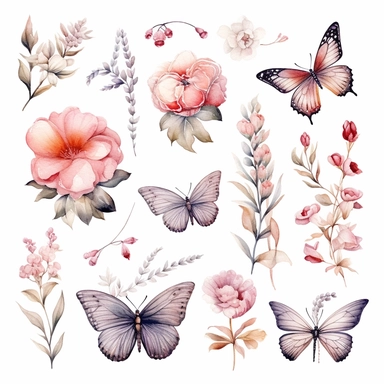 hand-painted watercolor clipart collection on white background featuring various flowers, a butterfly and foliage in pinks, greys and touch of gold details by Zdzisław Beksiński