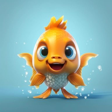 Front view of animated big-eyed goldfish standing wearing t-shirt character design, full body, face drawing in top quality, high quality face drawing, clipart, full illustration, 4k, sharp focus, skin. Soft, symmetrical, detailed face, concept art, fairy tale style, Chibi Kawaii. Octane rendering, 3D, perfect face, detailed face, delicate face, perfectly sharp lips. model, detailed eyes