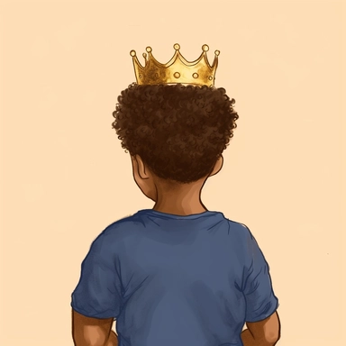 brown-skinned boy wearing navy blue shirt, with a gold crown, afro hair, backview, soft illustration, minimalist art, clipart, faceless
