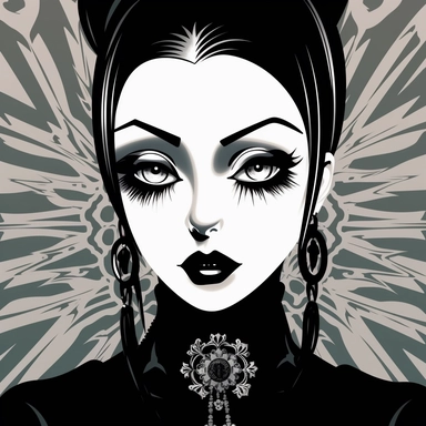Illustrate a clipart image showcasing a goth woman with radiant eyes that shine brightly. Use a rich and diverse color palette to enhance her appearance, and ensure the image is detailed and crisp. The background should be pure white
