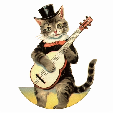 Vintage 1920 Kitten Looking Happy Wearing a Tophat and Playing a Banjo Illustration, Chromolithograph, 1920s Illustration, Vintage, Chromolithograph, Colorful, Antique, Ephemera, Clipart, 8k, Isolated on white