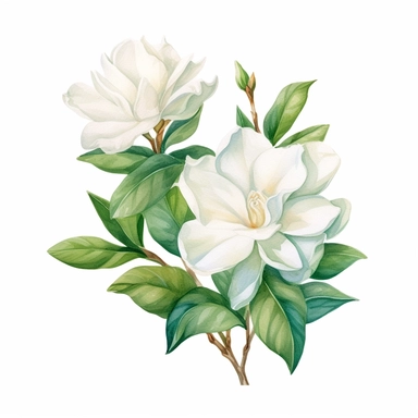 watercolor gardenia flowers clipart for wedding invitation card, hd, detailed, pastel color, clean line, on white background, spaced out