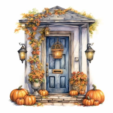watercolor and colored pencil illustration of a quaint front door at halloween, highly detailed, realism, isolated on white background, high resolution clipart