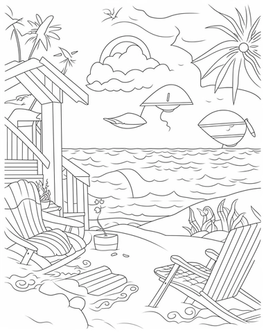 Adult Coloring Book Featuring Fun and Relaxing Beach Vacation Scenes, Peaceful Ocean Landscapes and Beautiful Summer Designs, coloring page line art, black and white clipart for a kids coloring page, simple and clean line art, illustration style,