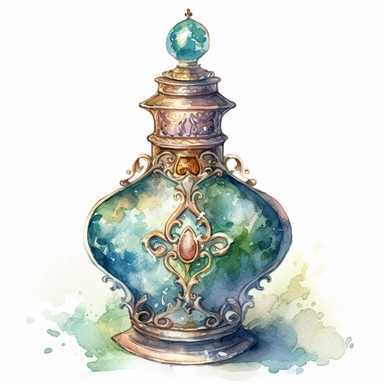 clipart, front view, sharp focus, ornate, whimsical nursery illustration of a potion bottle in soft watercolor, isolated on a solid white background