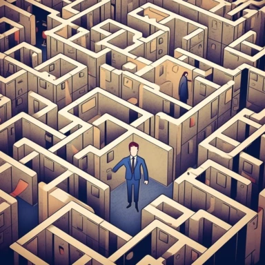 clipart business-person standing in front of a complicated maze made of office cubicles, in the cubicles there are people working behind desks with computers