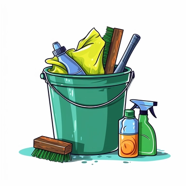 In clipart style with a white background, A green plastic bucket containg various cleaning supplies including, a rag, a spray bottle and a brush