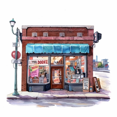 watercolor, hyper realistic, white background, white margins, 16k, ultra detailed clipart, cut out image, hand-drawn retro record store with a brick storefront and a neon sign in the window advertising the latest vinyl releases.