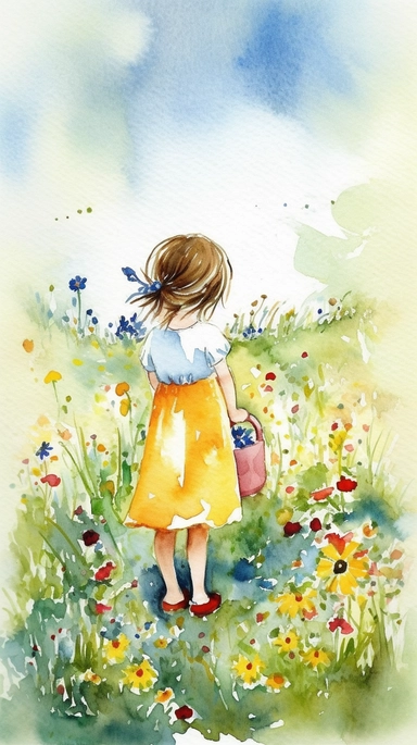 A clipart little girl watercolor painting, with a little girl in a yellow dress playing in a field of colorful wildflowers, holding a basket of fresh flowers, a butterfly landing on her nose, surrounded by trees and distant hills, capturing the whimsical innocence of childhood, watercolor painting on paper,