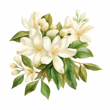 beige colored jasmine flower arrangement with watercolor effect,suitable for digital clipart,white background,green leaves