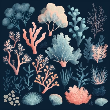 corals clipart, in the style of muted and subtle tones, cartoon, close up, booru, wimmelbilder, hand-painted details, charming characters, thick texture, blue hues