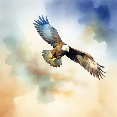 Create a watercolor clipart of an eagle soaring through the sky with wings outstretched. The eagle should be depicted in a majestic pose, with its beak slightly open and its talons visible. The sky should be painted in shades of blue and white, with a few clouds in the background. The overall effect should be serene and awe-inspiring. Please use your artistic skills to create a visually stunning image that captures the spirit and power of this magnificent bird.