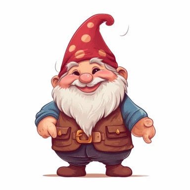 Create a clipart of a cheerful and plump gnome with rosy cheeks, depicted in a whimsical cartoon style. The gnome should be adorned in a tall, pointed hat with a matching belted tunic and shorts. His cozy demeanor must be reflected in the warm smile on his face and his relaxed arms that rest at his sides. The background must be plain and contrasting to highlight the colorful and lively character of the gnome.
