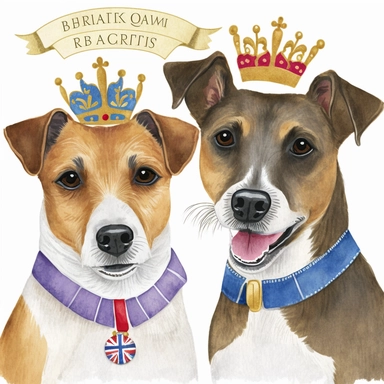 Pastel watercolour clipart svg white background of 2 smiling happy Jack Russell terrier dogs. 1st dog is brown an black fur the 2nd is light brown both are smiling, both wearing a large gold King crown on heads, place each dog face in thick shinny gold ornate frame made from gold leaves, both dogs are wearing a colourful vibrant red an blue union jack dog collar, a personlised banner at the bottom to write someone's name on.