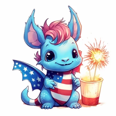 illustration of cute baby dragon in read white and blue american flag colors, fireworks, 4th of july, clipart svg, white background