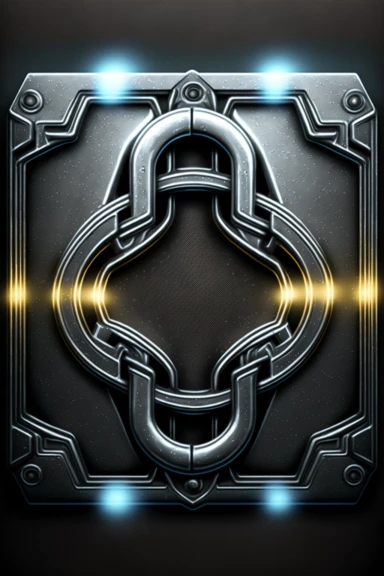 grungy metallic Flat coloured card design of a symmetric thick silver chain link icon cardback , cartoony clipart card design, Logo, glowing Gundam visor magic spell icon, little-flat Graphic Design , grey metal grid background