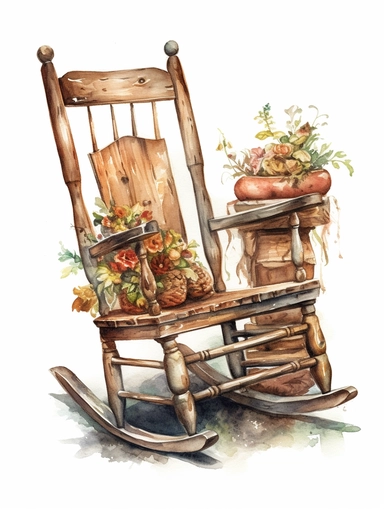 watercolor, vintage, country, wood rocking chair with beautifully carved arm rests and flower pots next to it, on white background, clip art