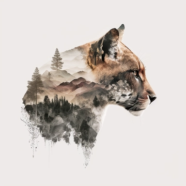 double exposure shot, profile of a Cougar head filled with mountains forest landscape,white gray tawny black fur, character design, half realisitic with intricate details half geometric, clipart isolated on white background