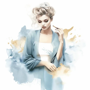 A delicate watercolor painting of chic powder blue, white, and gold three combo instagram girl holding a pen, arranged in an elegant composition, featuring soft and blended watercolor washes to create a harmonious and feminine aesthetic, clipart, png