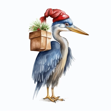 Watercolor, cute Christmas blue heron, with a red hat, coat and sack of gifts, PNG, winter, nursery, cartoon, highly detailed, watercolor, very high details, white background, clipart style