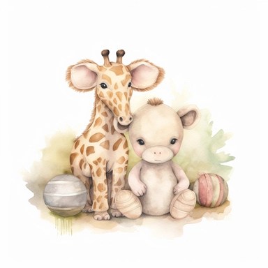 whimsical watercolour clip art pastel beige nursery baby giraffe and elephant soft toys  - <@1098423716465102849> (Waiting to start)