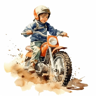 Vintage kids Dirt Bike with a kid riding it on dirt with helmet ,Watercolor,Clipart,Isolated, White background