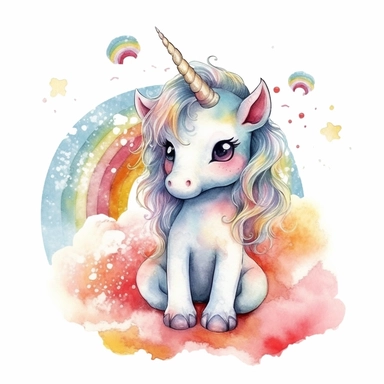 cute baby unicorn, sitting on the clound, with rainbow background, watercolor, clipart