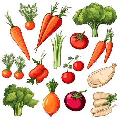 Create a set of high-quality PNG vegetable clipart images. Each illustration should showcase a different vegetable, such as carrots, broccoli, tomatoes, and peppers, in a clean and crisp style. The colors should be vibrant and true to nature, making the vegetables appear fresh and appealing. The clipart images should be versatile and suitable for use in educational materials, recipe cards, or any design project that celebrates healthy eating and nature's bounty.