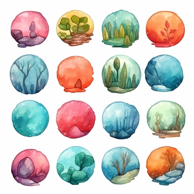 Watercolor wax seal , illustrations clipart set, simple , cartoon elements, rocks, bushes , different variants , , separate elements with a margin