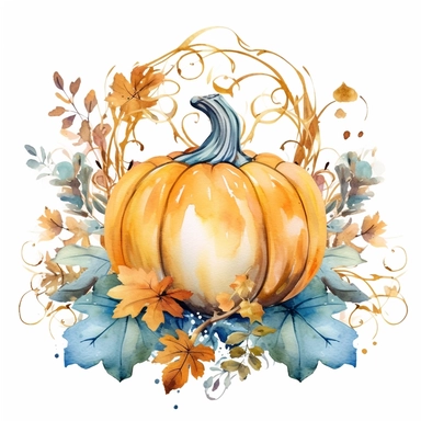 Watercolor pastel boho pumpkin with gold ornate watercolor sitting on pumpkin leaves white background. clipart