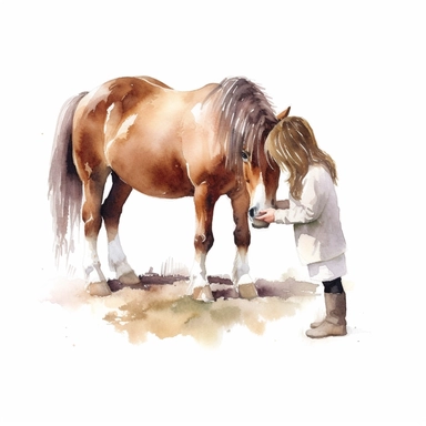 realistic watercolor drawing of a woman hand feeding a pony on a charming farm, on a white background where the background will be removed to repurpose as a clipart.