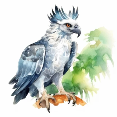Watercolor Harpy eagle in rainforest clipart, for childish cards, illustration style, on white background, detailed, hd