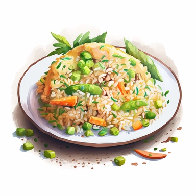 Chinese style egg fried Rice on a plate. The chinese fried rice has diced carrots and peas mixed in and the rice is in the shape or a hemisphere on the plate, neutral background for the image, clipart, painted watercolour style