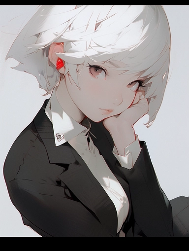 best quality, cold attitude, red eyes, short hair, white hair, white shirt, black jacket, bowtie, hair ornament hair clip, she looks very relaxed, side face, white atmosphere, high quality, masterpiece, flat color, 1girl, not looking at viewer,,--ar 1:2