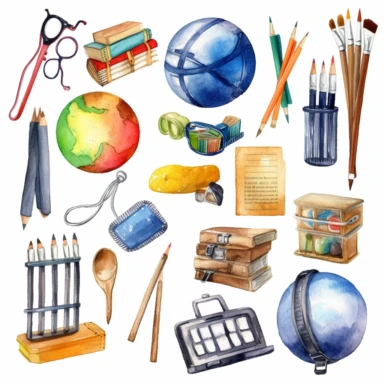 Watercolor set with school and office supplies and tools. Backpack, globe, pencil, ruler, notebook, lunch, scissors, eraser, brush, medal, paper, bell, ball, soccer, numbers. Elements for decorations. Clip art