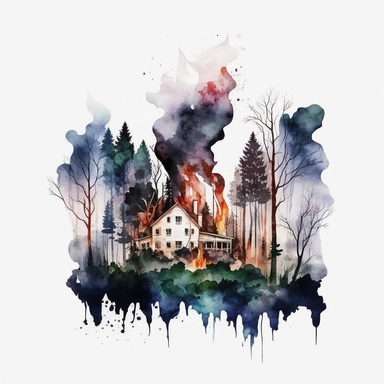 watercolor clipart of house forest fire white background