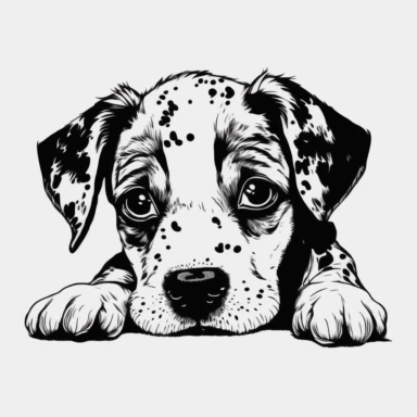 simple outline of a front facing Catahoula Leopard puppy head peeking with front paws, clipart, flat 2d vector, minimalist, black and white, cartoon, svg cut file, line art drawing