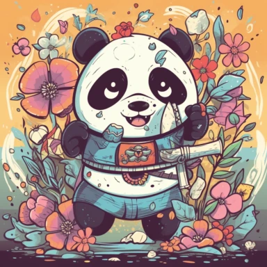 a happy panda with a bamboo shoot and a martial arts belt, depicted in a whimsical, cartoon style, surrounded by colorful flowers and butterflies. The mood of the artwork is cheerful and playful, with a soft pastel color palette. The lighting style is bright and sunny, evoking a warm and inviting feeling. clipart design graphic, vector, contour, super cute, isolated white background, high quality, 2d, flat