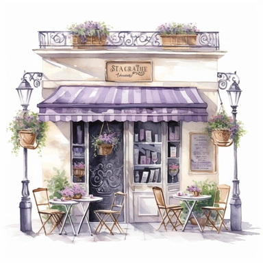 Quaint French cafe with a neutral-toned facade, adorned subtly with lavender. A small bistro set sits invitingly outside, a chalkboard displaying the day's specials nearby. Watercolor Cafe Storefront Clipart, hyper-realistic, hyper-detailed, white background.