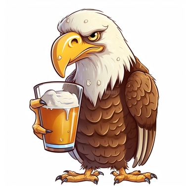 bald eagle drinking a beer, cartoon style, clip art, white background