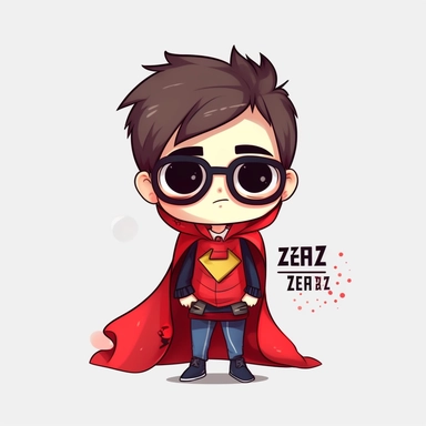 zeeb labs art style boy, super hero, tiny chibi body with red suit, crown, Mask, smerk, super long cape, clipart, sticker, no background, hd